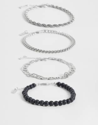 Asos Design 4 Pack Beaded And Rope Chain Bracelet In Neutral
