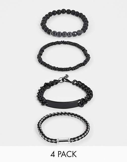 ASOS DESIGN 4 pack beaded and woven bracelets in black tones