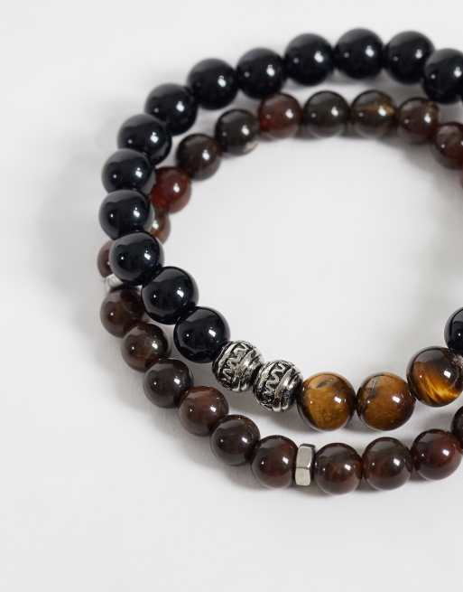 ASOS DESIGN 4 pack black and faux tigers eye beaded bracelet chain in silver tones, 2 of 3