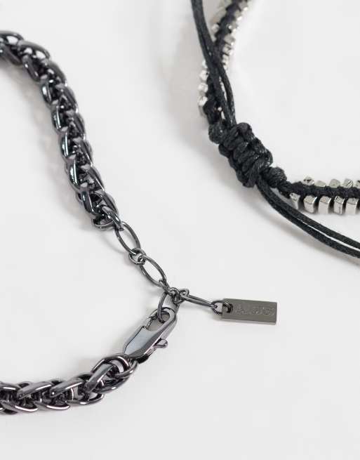 ASOS DESIGN 4 pack black and faux tigers eye beaded bracelet chain in silver tones, 3 of 3