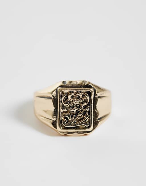 ASOS DESIGN 4 pack black stone and flower signet ring in antique gold, 2 of 3