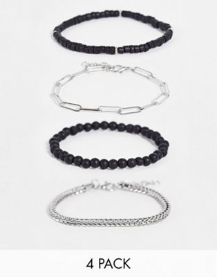 ASOS DESIGN 4 pack bracelet with beads and chains in black and silver