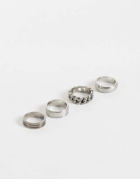 ASOS DESIGN 4 pack chain and engraved row ring in silver - view 1