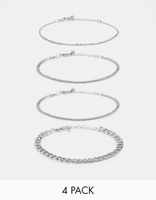 Asos Design 4 Pack Chain Bracelet Set In Silver Tone