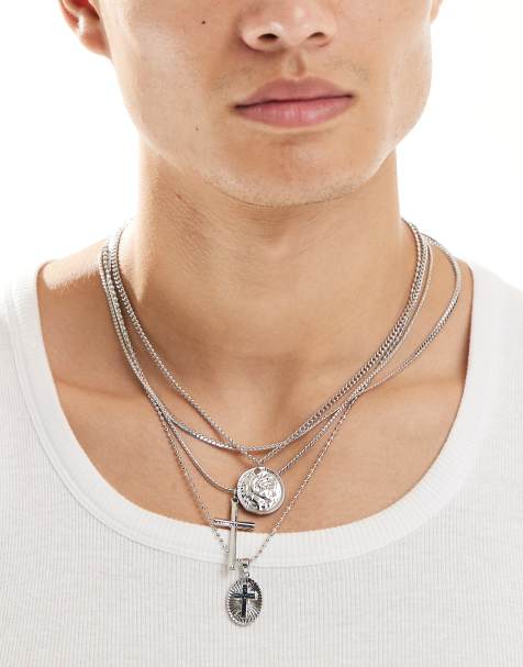 ASOS DESIGN 4 pack coin and cross pendant necklace in silver - view 1
