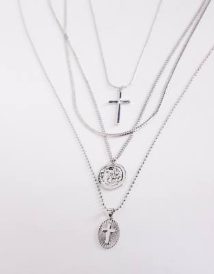 Asos Design 4 Pack Coin And Cross Pendant Necklaces In Silver
