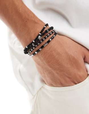 Asos Design 4-pack Fabric And Beaded Bracelets In Black