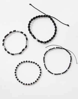 Asos Design 4-pack Fabric And Beaded Bracelets In Black