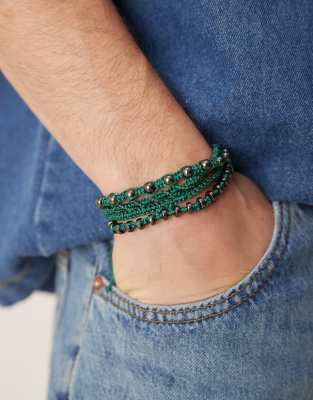Asos Design 4 Pack Fabric Bracelets With Metallic Beads In Green