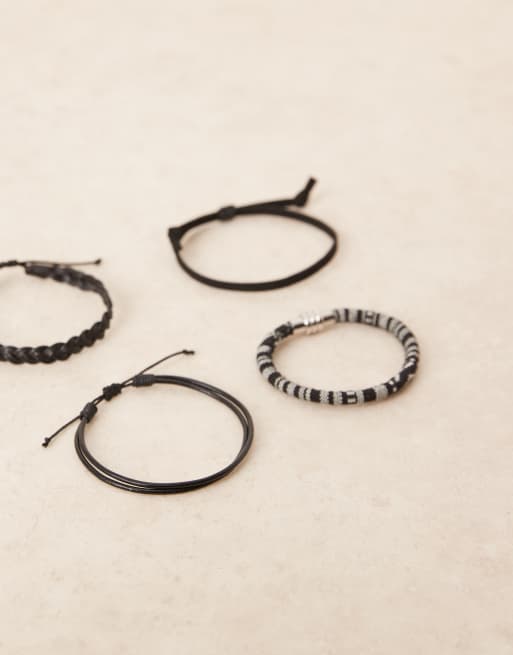 ASOS DESIGN 4 pack faux leather and woven bracelet in monochrome