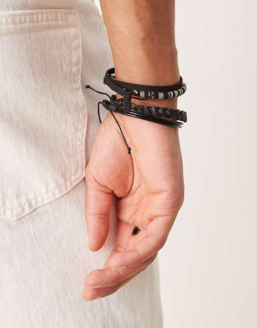 ASOS DESIGN 4 pack faux leather and woven bracelet in monochrome
