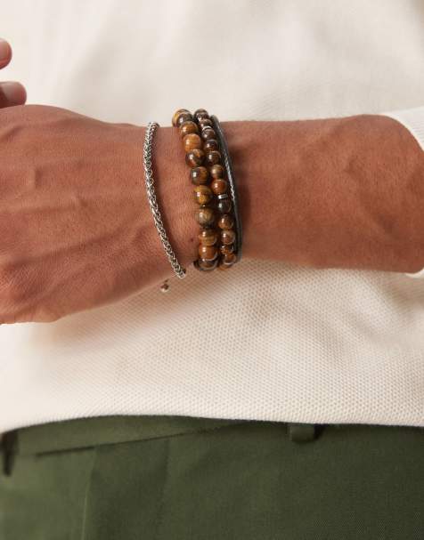 ASOS DESIGN 4-pack festival beaded and faux leather bracelets in brown - view 1