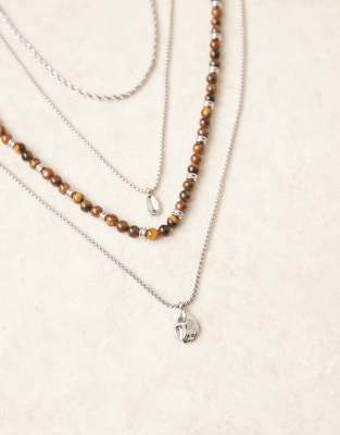 Asos Design 4-pack Festival Mixed Bead And Chain Molten Pendant Necklaces