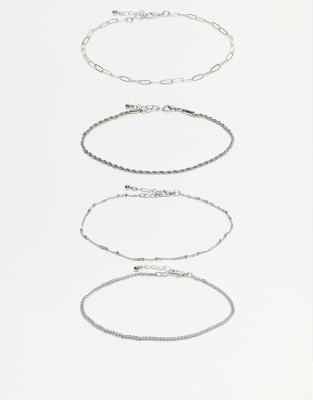 Asos Design 4 Pack Fine Chain Anklet In Silver