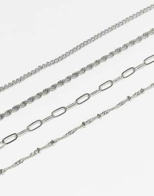 Asos Design 4 Pack Fine Chain Anklet In Silver