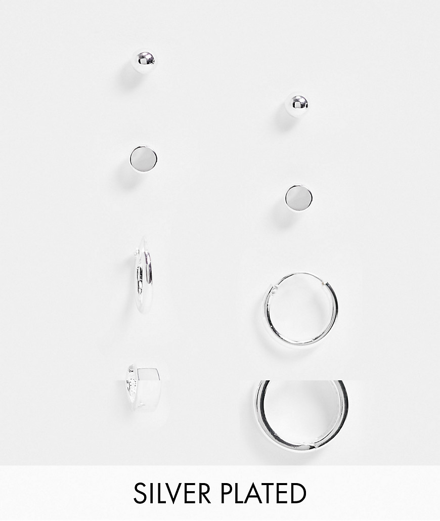 ASOS DESIGN 4 pack hoop and stud earring set in real silver plates
