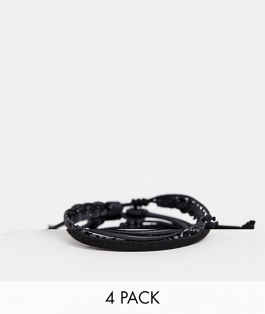 ASOS DESIGN 4 pack leather and woven bracelet in monochrome-Black