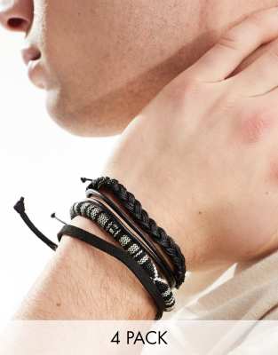 Asos Design 4 Pack Leather And Woven Bracelet In Monochrome-black