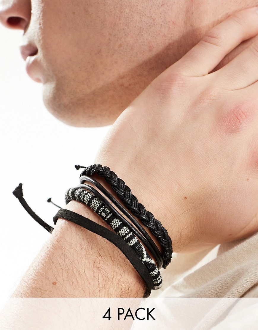 4 pack leather and woven bracelet in monochrome-Black