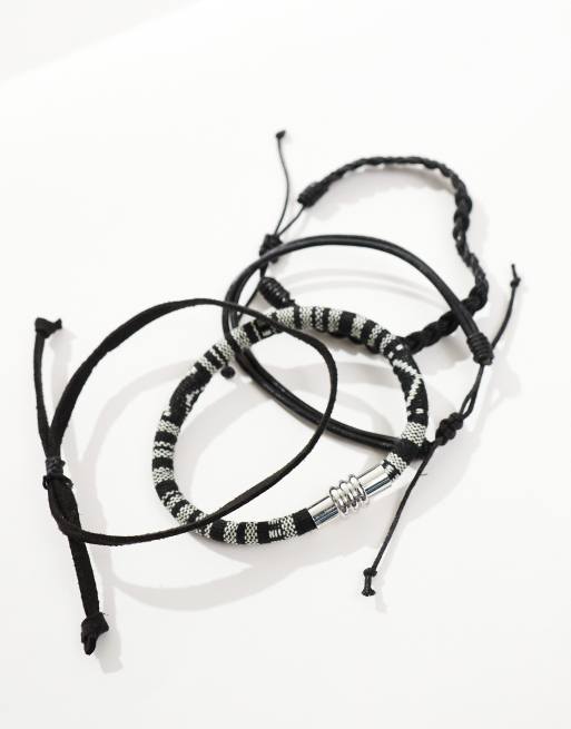 ASOS DESIGN 4 pack leather and woven bracelet in monochrome, 4 of 4