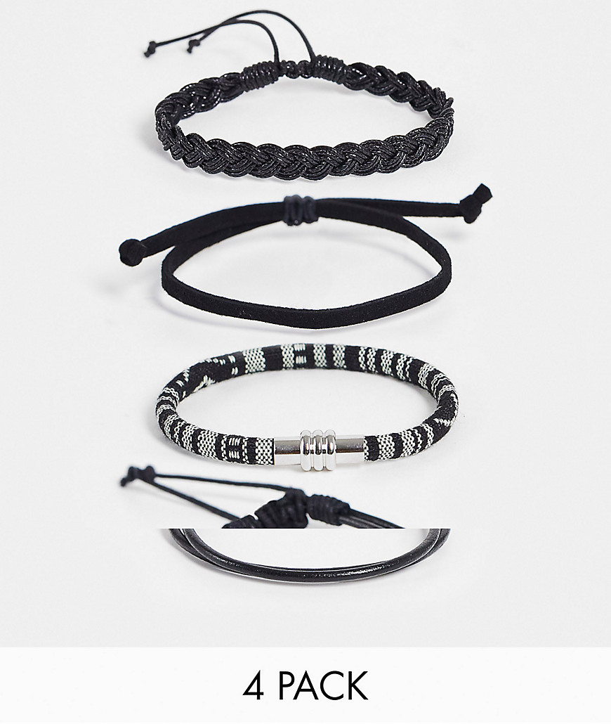 ASOS DESIGN 4 pack leather and woven bracelet set in monochrome-Black