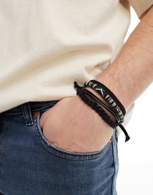 ASOS DESIGN 4-pack leather and woven bracelets in monochrome, 3 of 4