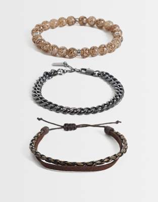 Asos Design 4 Pack Light Brown Beaded Chain And Faux Leather Strap Bracelet In Multi