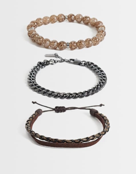 ASOS DESIGN 4 pack light brown beaded chain and faux leather strap bracelet in gunmetal silver - view 1