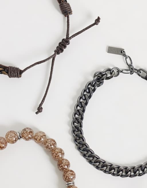 ASOS DESIGN 4 pack light brown beaded chain and faux leather strap bracelet in gunmetal silver, 2 of 3