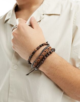 ASOS DESIGN 4 pack mixed bracelet set with beads and chain in brown - ASOS Price Checker