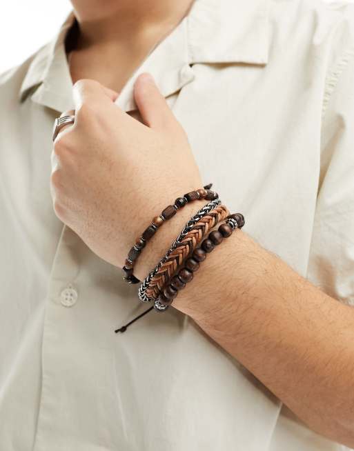 ASOS DESIGN 4 pack mixed bracelet set with beads and chain in brown