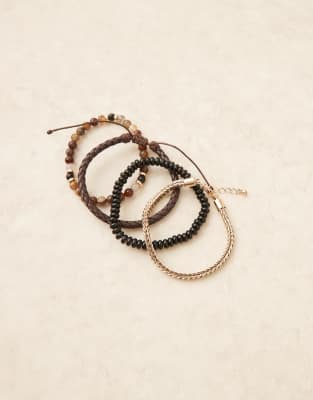 Asos Design 4 Pack Mixed Fabric Bead And Chain Bracelet
