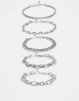 Asos Design 5-pack Mixed Fine Chain Bracelets In Silver