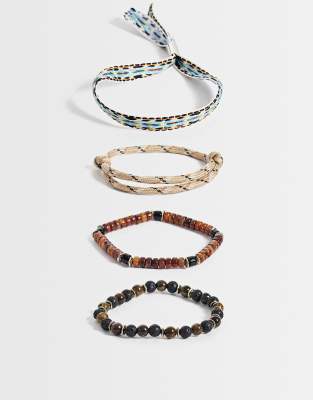 Asos Design 4 Pack Mixed Media Woven Straps And Beaded Bracelets In Neutral