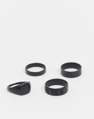 ASOS DESIGN 4 pack mixed ring set in matte black