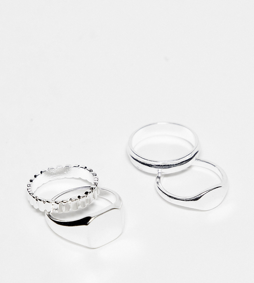 ASOS DESIGN 4-pack mixed rings set with line deboss and hexagon shape in real silver plate
