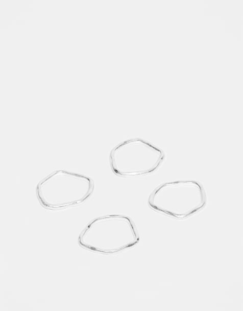 ASOS DESIGN 4 pack molten plain band rings in worn silver tone - view 1