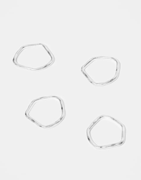 ASOS DESIGN 4 pack molten plain band rings in worn silver - view 2
