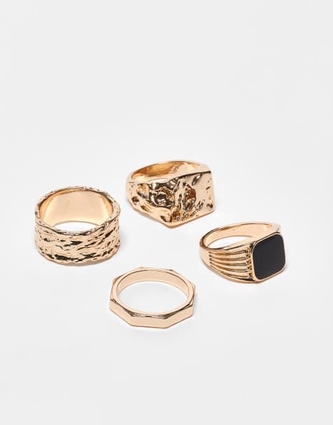 ASOS DESIGN 4 pack molten signet ring set in gold - view 1