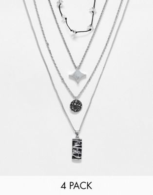 ASOS DESIGN 4 pack necklace with vintage inspired charms in silver tone