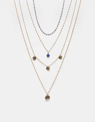 Asos Design 4-pack Necklaces With Disc And Eye Charm Detail In Gold