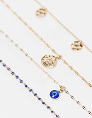 Asos Design 4-pack Necklaces With Disc And Eye Charm Detail In Gold