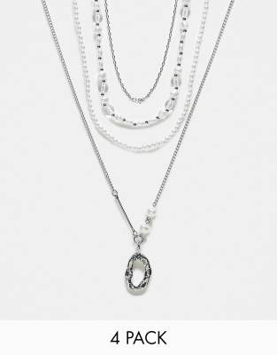 4-pack pearl and chain mixed necklace set with pendants in silver tone-Multi