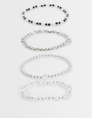 Asos Design 4 Pack Pearl Black Stone And Chain Bracelet In Silver