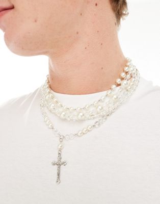 ASOS DESIGN 4 pack pearl necklace set with cross pendant