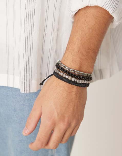 ASOS DESIGN 4 pack picasso jasper and obsidian semi-precious beaded bracelet in multi - view 1