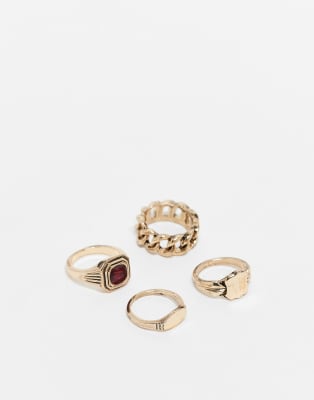 ASOS DESIGN ASOS DESIGN 4 pack red stone signet ring set in antique gold