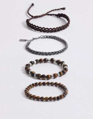 Asos Design 4-pack Semi-precious Tigers Eye Bead And Chain Bracelet In Black