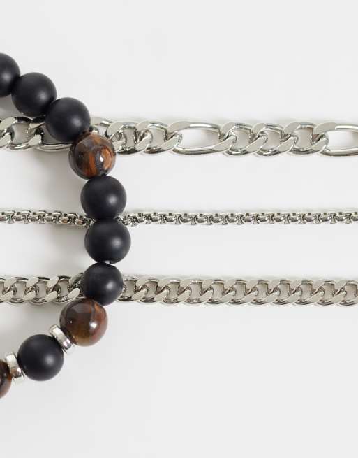 ASOS DESIGN 4 pack semi-precious tigers eye beaded and chain bracelet in burnished silver, 2 of 3