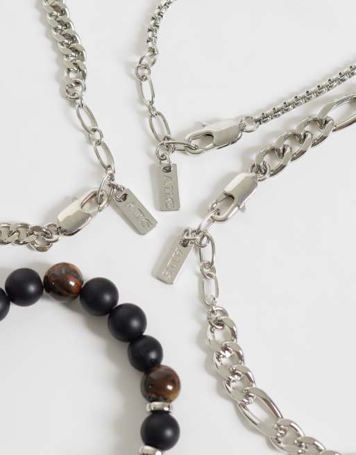ASOS DESIGN 4 pack semi-precious tigers eye beaded and chain bracelet in burnished silver, 3 of 3